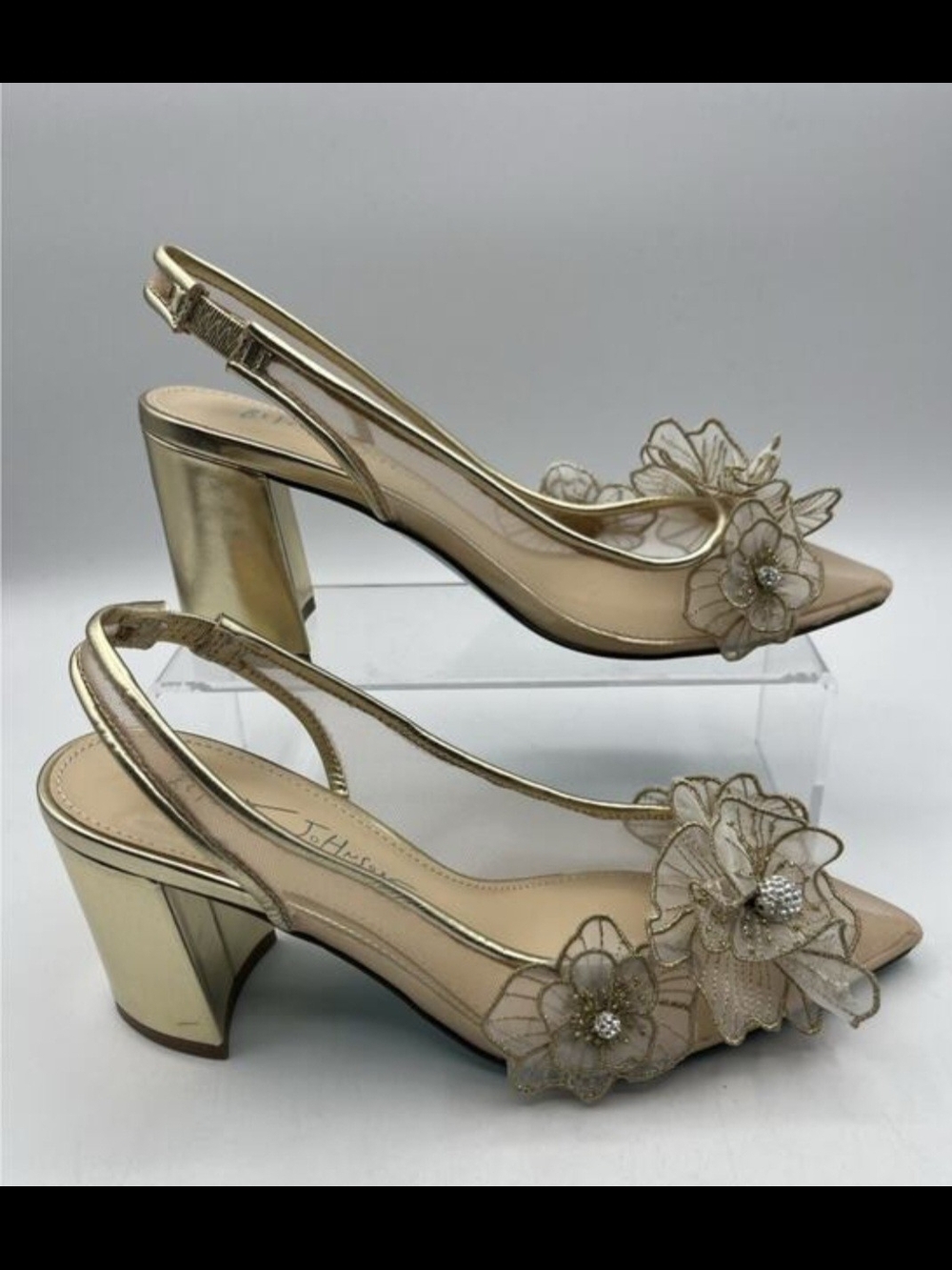 Betsey Johnson Petra Gold Floral Slingback Block Heels. Size 9.5